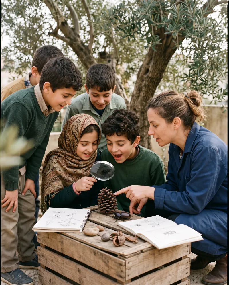بنت تمسك عدسة مكبّرة فوق كوز صنوبر، وأولاد حولها مندهشون.