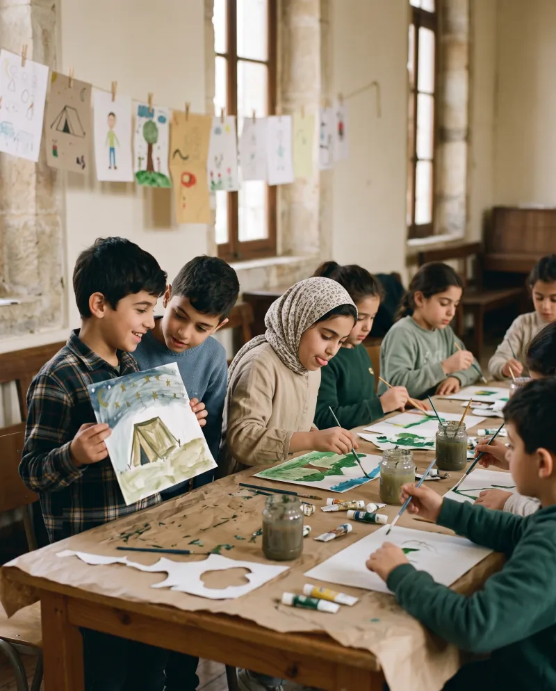 أولاد يرسمون على طاولة طويلة، وولد يرفع لوحته لصديقه بفخر.