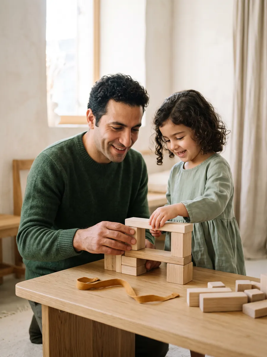 أب وابنته يبنيان جسرًا من مكعبات خشبية ويضحكان.